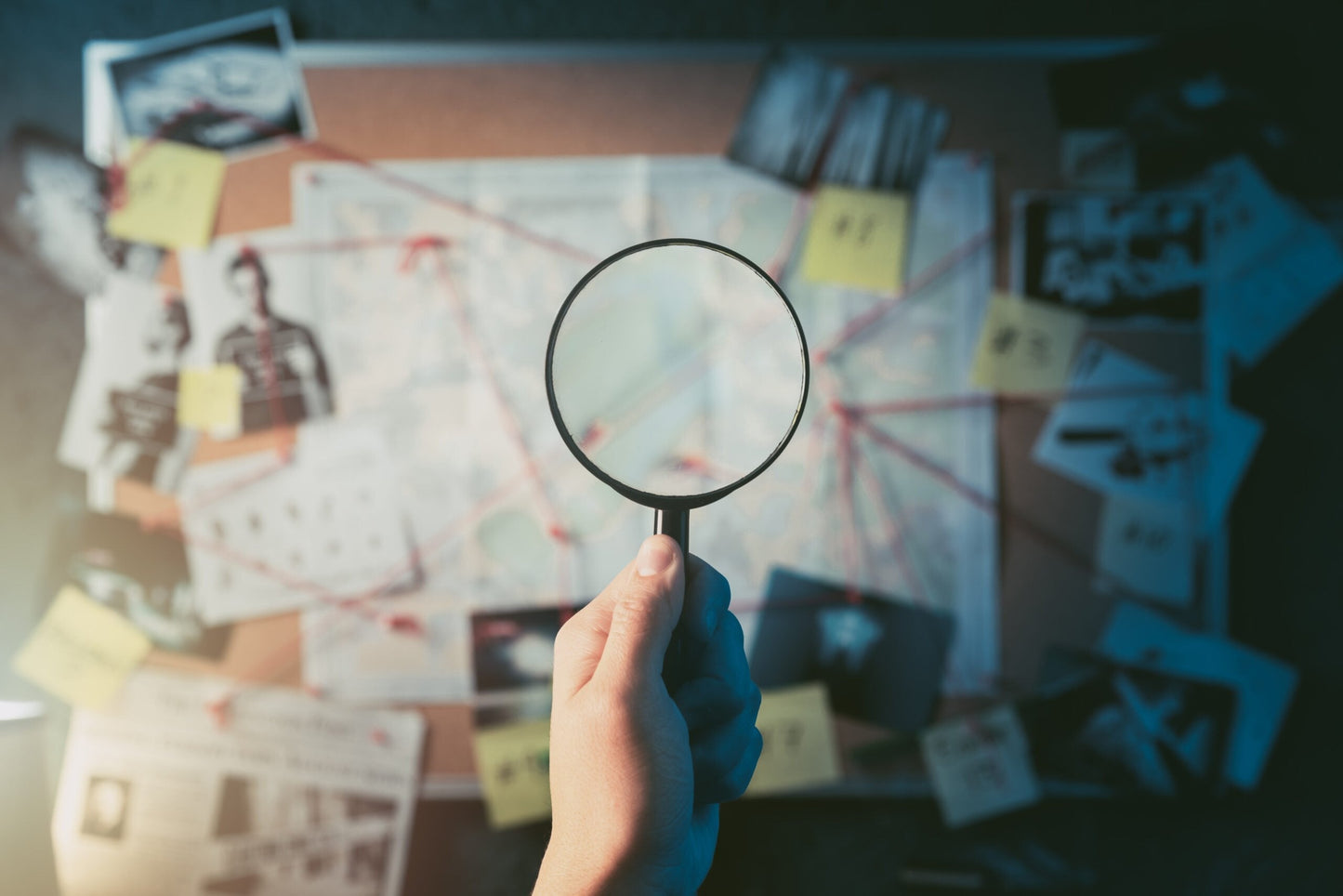 Image of a magnifying glass focused on a bulletin board full of paper with strings connecting various papers with others