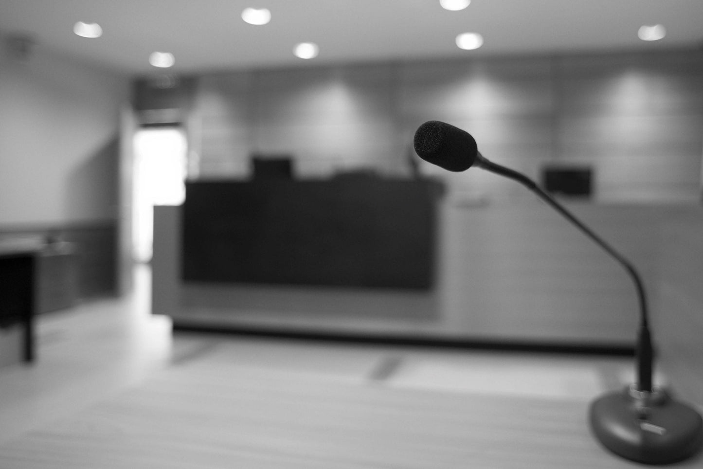 Image of a lamp in the foreground, and a blurry room in the background, all in black and white