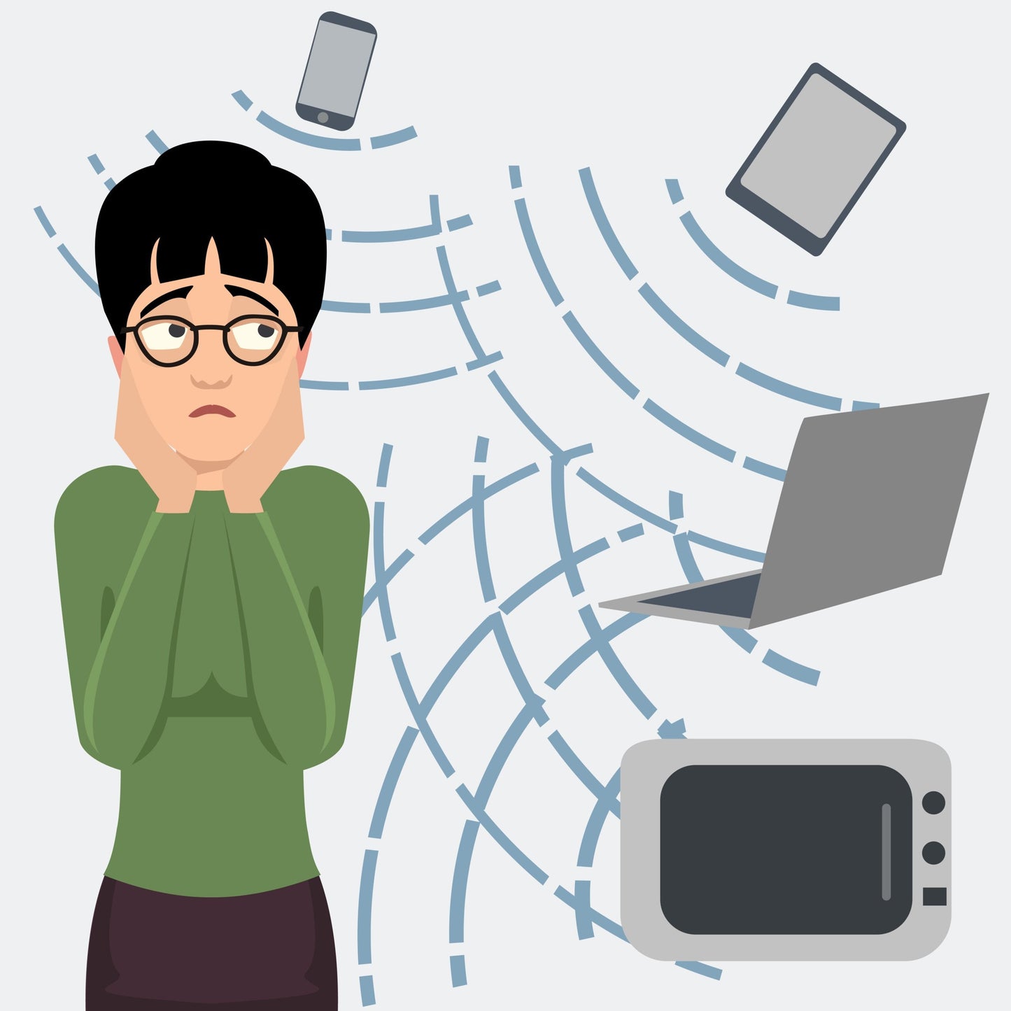Graphic of a cartoon woman looking pensive, with radiofrequency devices floating all around her|Photo of high voltage power lines