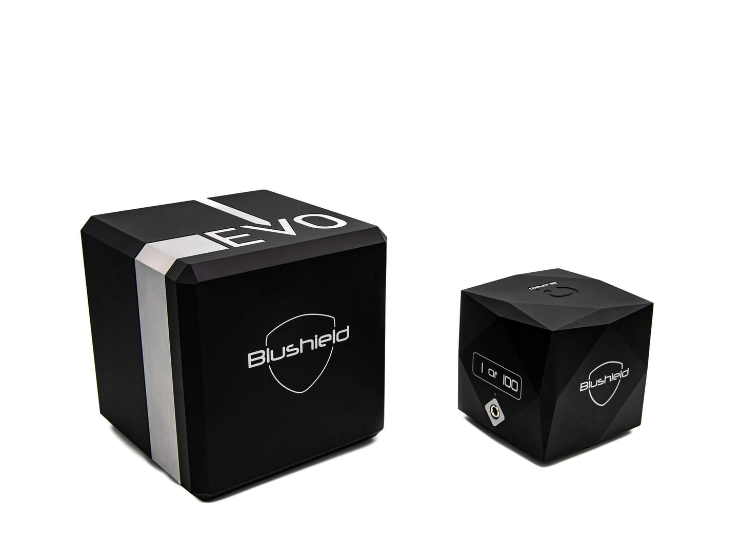 EMF PROTECTION  - Photo of Blushield EVO Cube next to the Limited Edition C1 Cube: size comparison