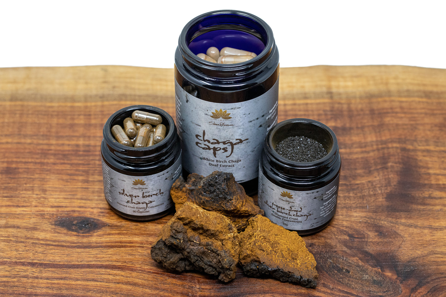 EMF PROTECTION  - image of jars of chaga products, showcasing the different versions that are offered