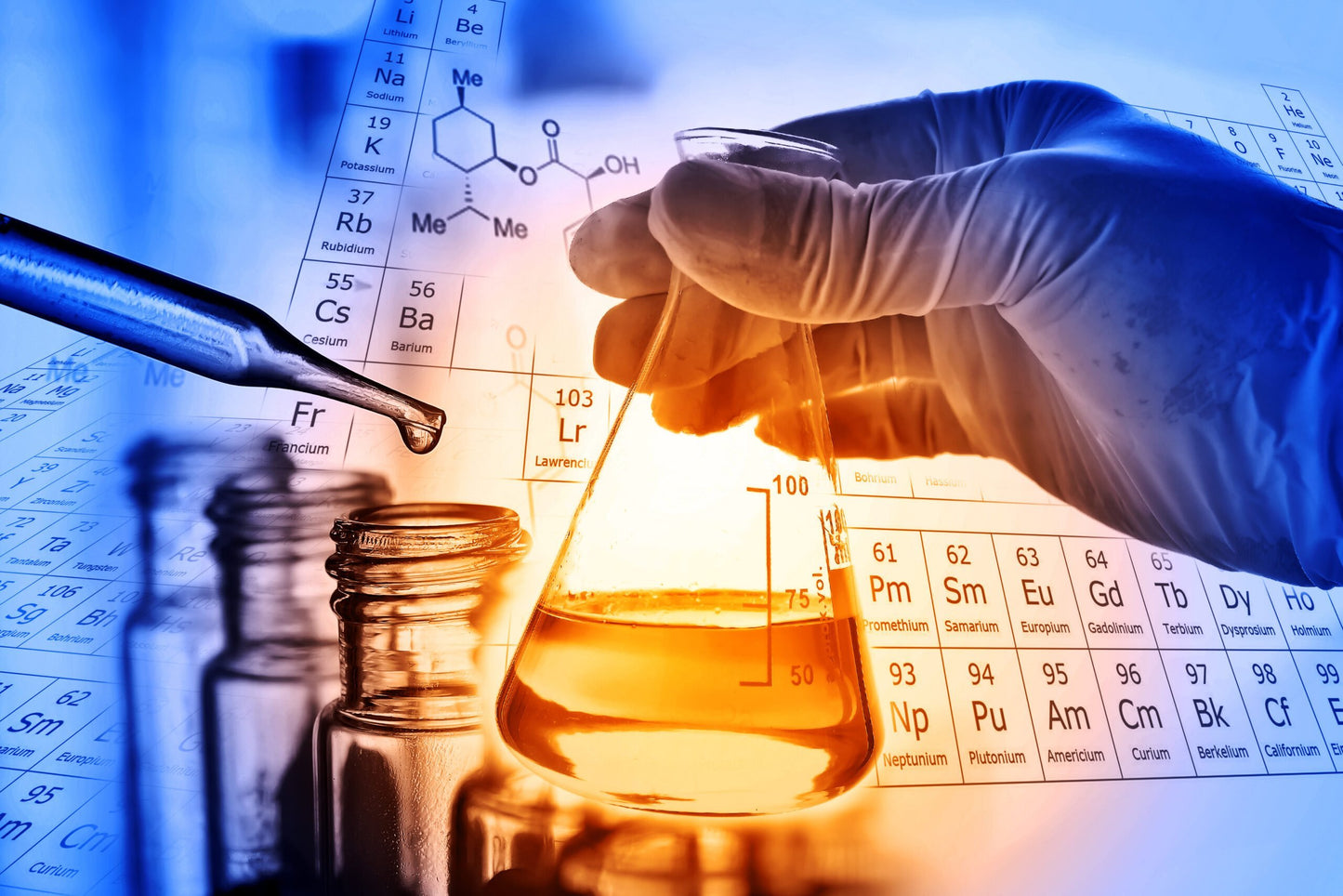Graphic of a gloved hand holding a beaker, with dropper bottles on the side, and the periodic table of the elements in the background