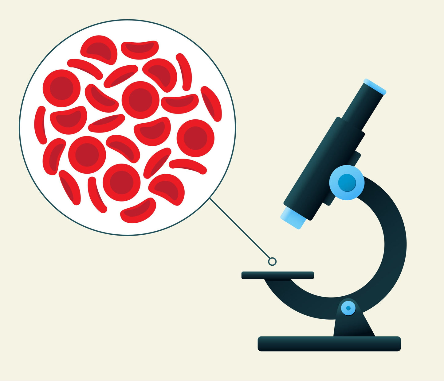 Graphic of a microscope with a closeup view of red blood cells under a slide