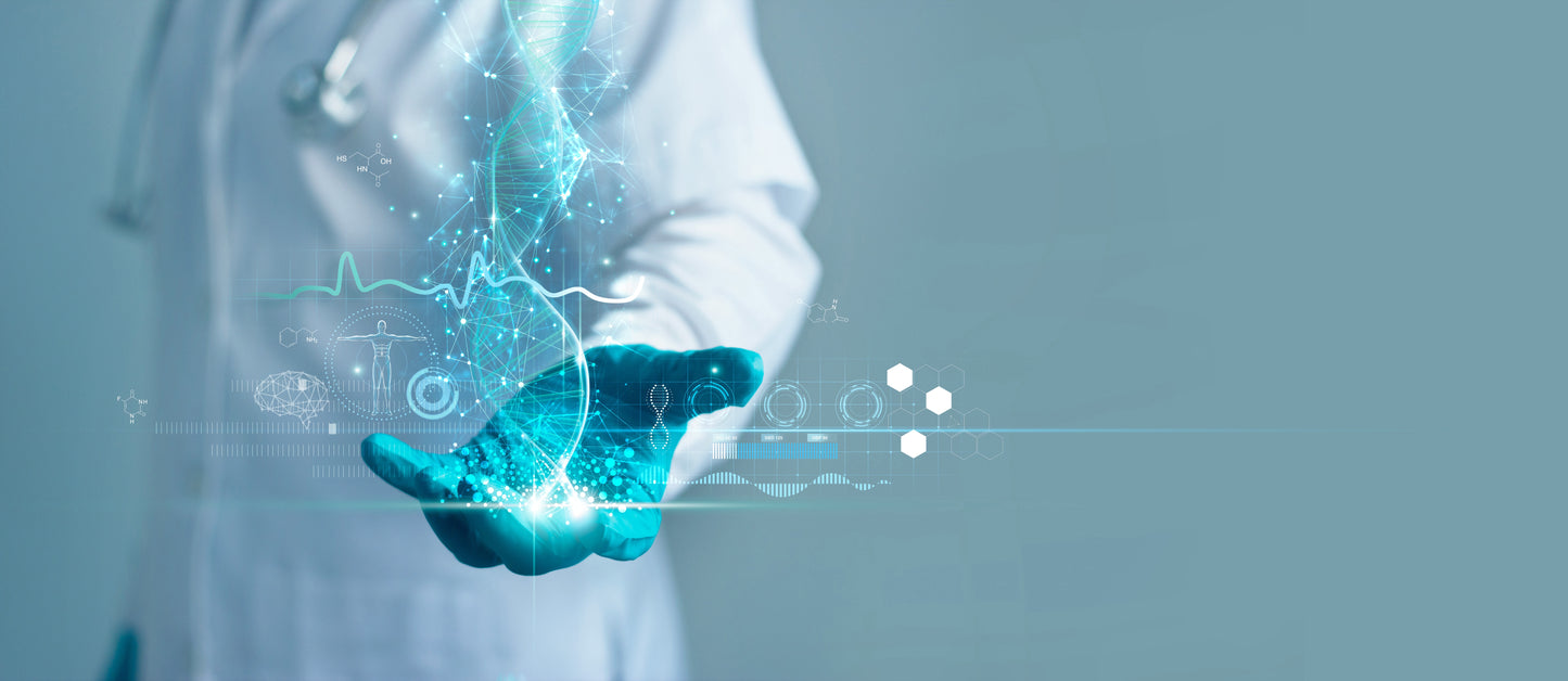 Image of a scientist in a white coat with blue gloves holding an abstract DNA double helix with health measurements in the background- EMF PROTECTION -