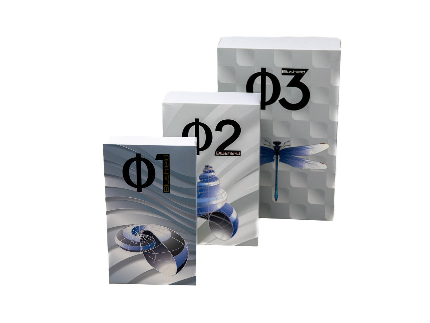 EMF PROTECTION  - lineup of phi 1, phi 2 and phi 3 boxes