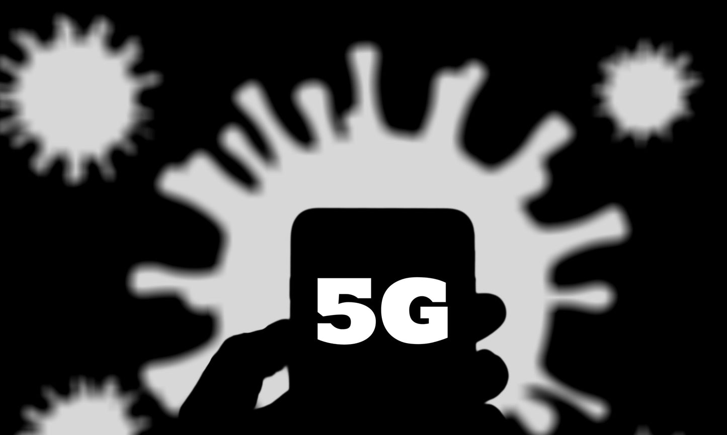Graphic in black and white of a hand holding a phone that says 5G, with strange blob shapes in the background