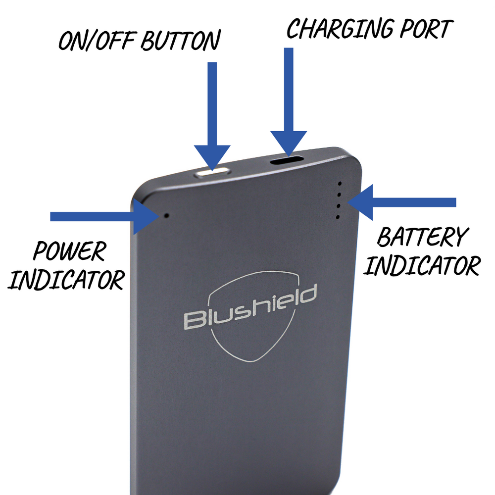 
                  
                    A diagram showing the features of the Blushield Ultra portable functions
                  
                