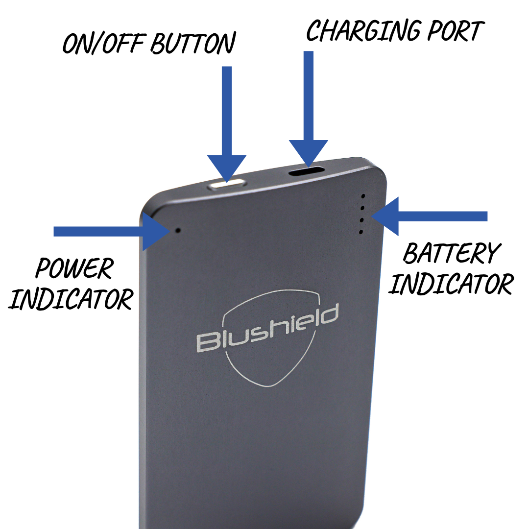 
                  
                    A diagram showing the features of the Blushield Ultra portable functions
                  
                