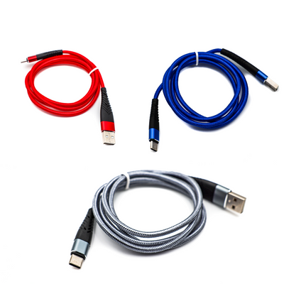 A picture showing the red, blue and gray USB-C smart chip chargers 